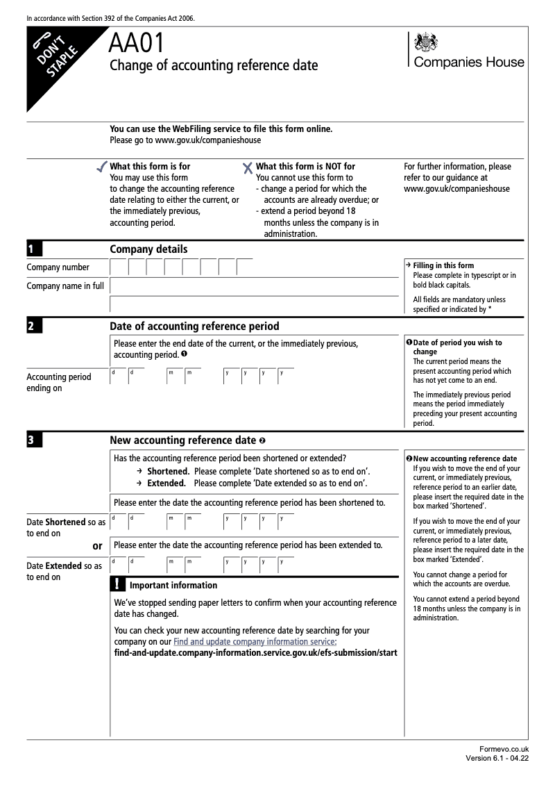 AA01 Change of accounting reference date Section 392 preview