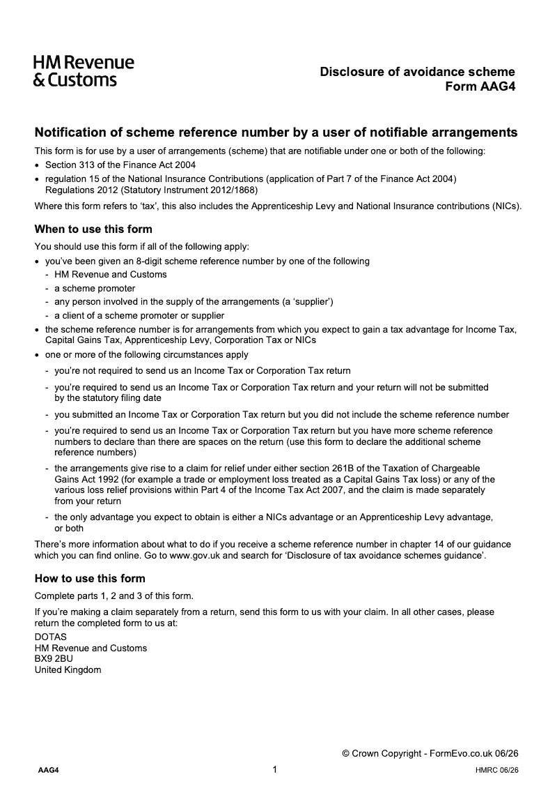 AAG4 IHT Disclosure of avoidance scheme Notification of scheme reference number by scheme user preview