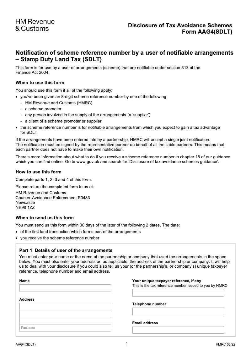 AAG4 SDLT Disclosure of Tax Avoidance Schemes Form AAG4 SDLT preview