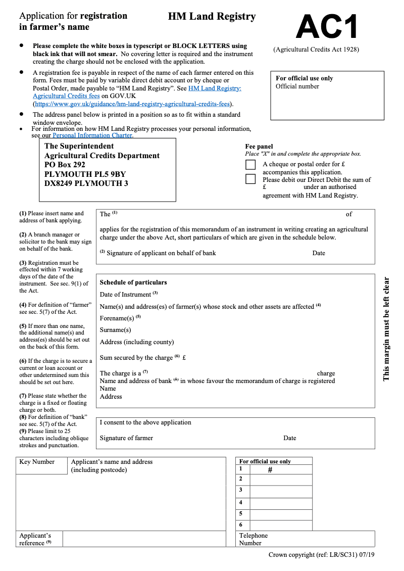 AC1 Application for registration in farmer s name Agricultural Credits Act 1928 preview