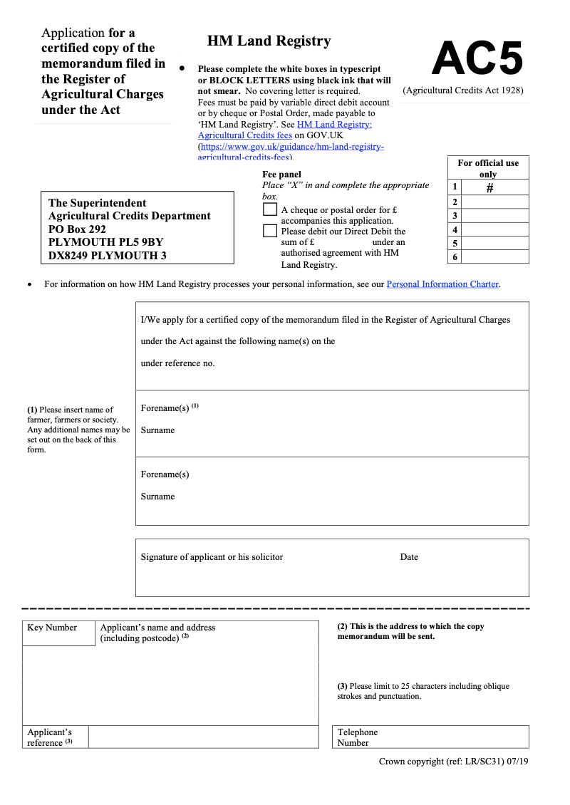 AC5 Application for a certified copy of the memorandum filed in the Register of Agricultural Charges under the Act Agricultural Credits Act 1928 preview