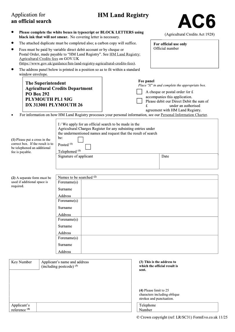 AC6 Application for an official search Agricultural Credits Act 1928 preview