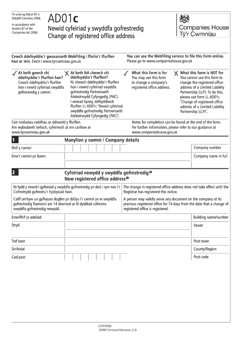 AD01c Newid cyfeiriad y swyddfa gofrestredig Adran 87 Change of registered office address Section 87 preview