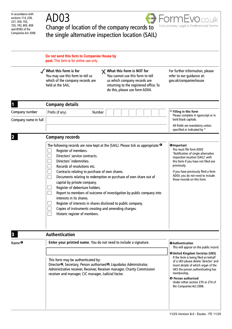 AD03 Change of location of the company records to the single alternative inspection location (SAIL) preview