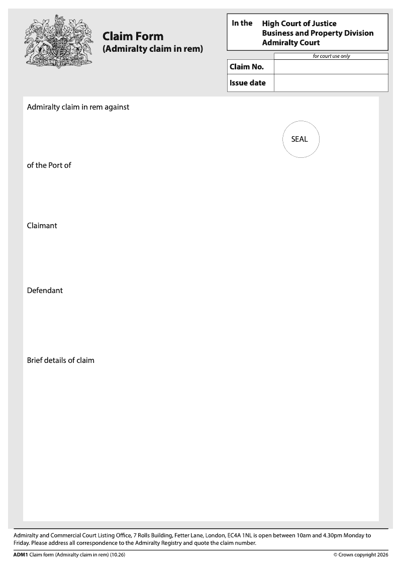 ADM1 Claim form Admiralty claim in rem preview