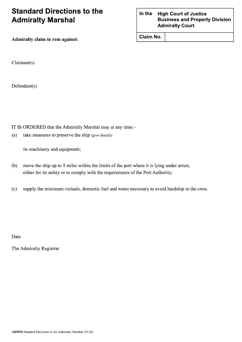 ADM10 Standard Directions to the Admiralty Marshal preview