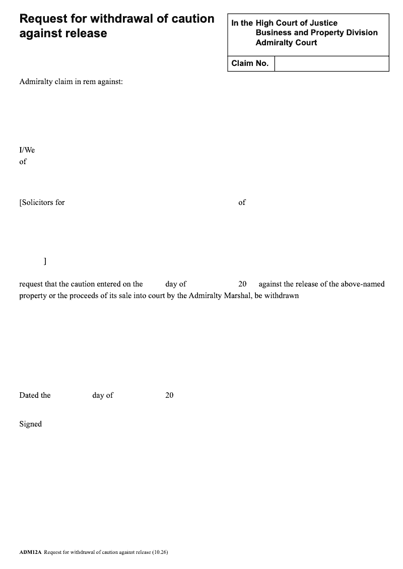 ADM12A Request for withdrawal of caution against release preview