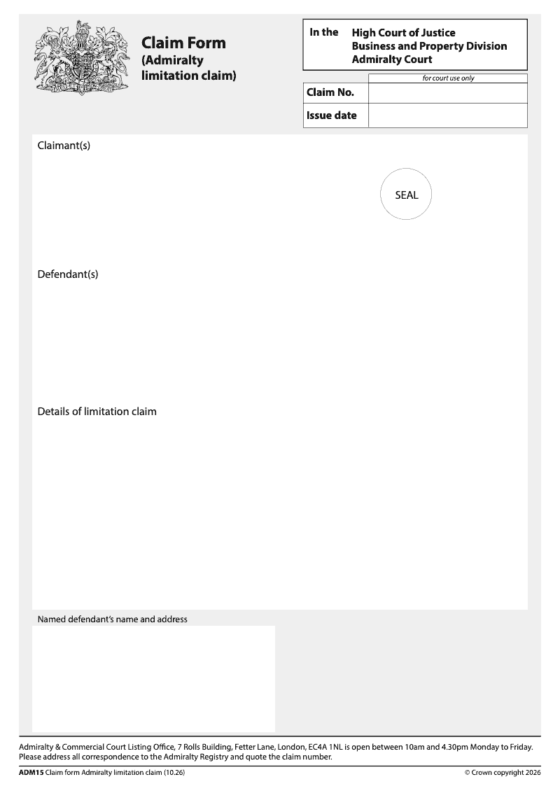ADM15 Claim form Admiralty limitation claim preview