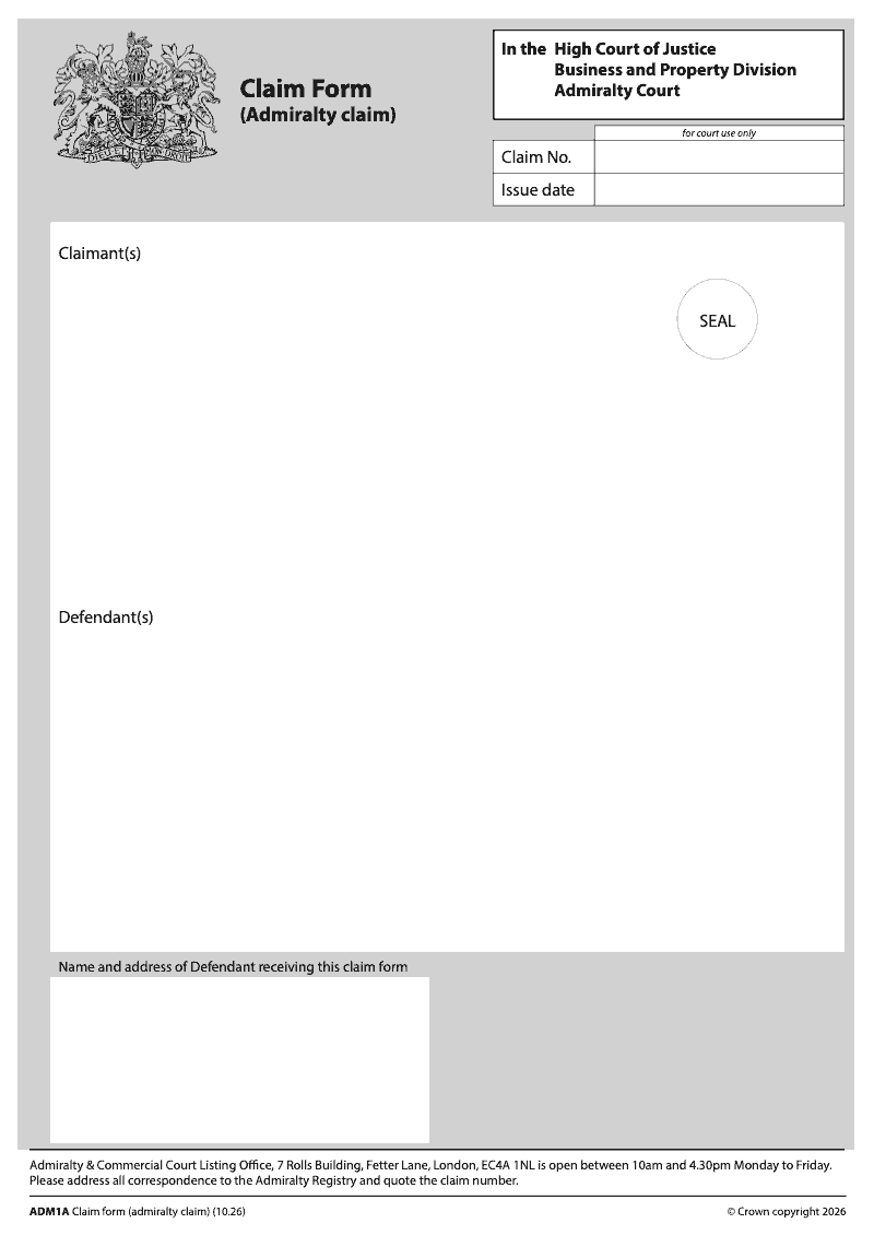 ADM1A Claim form Admiralty claim preview