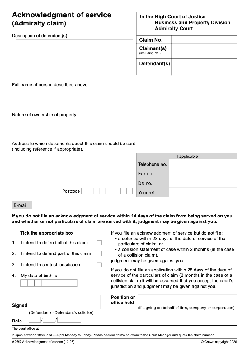 ADM2 Acknowledgment of service Admiralty claim preview