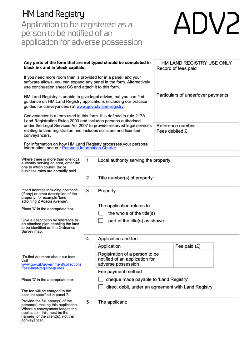 ADV2 Application to be registered as a person to be notified of an application for adverse possession preview