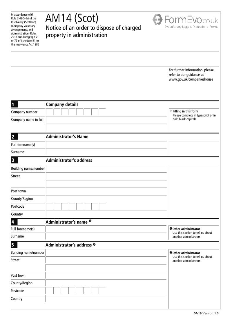 AM14 Scot Notice of an Order to Dispose of Charged Property in Administration preview