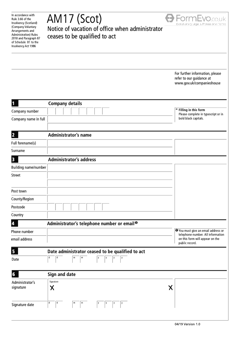 AM17 Scot Notice of Vacation of Office when Administrator Ceases to be Qualified to Act preview