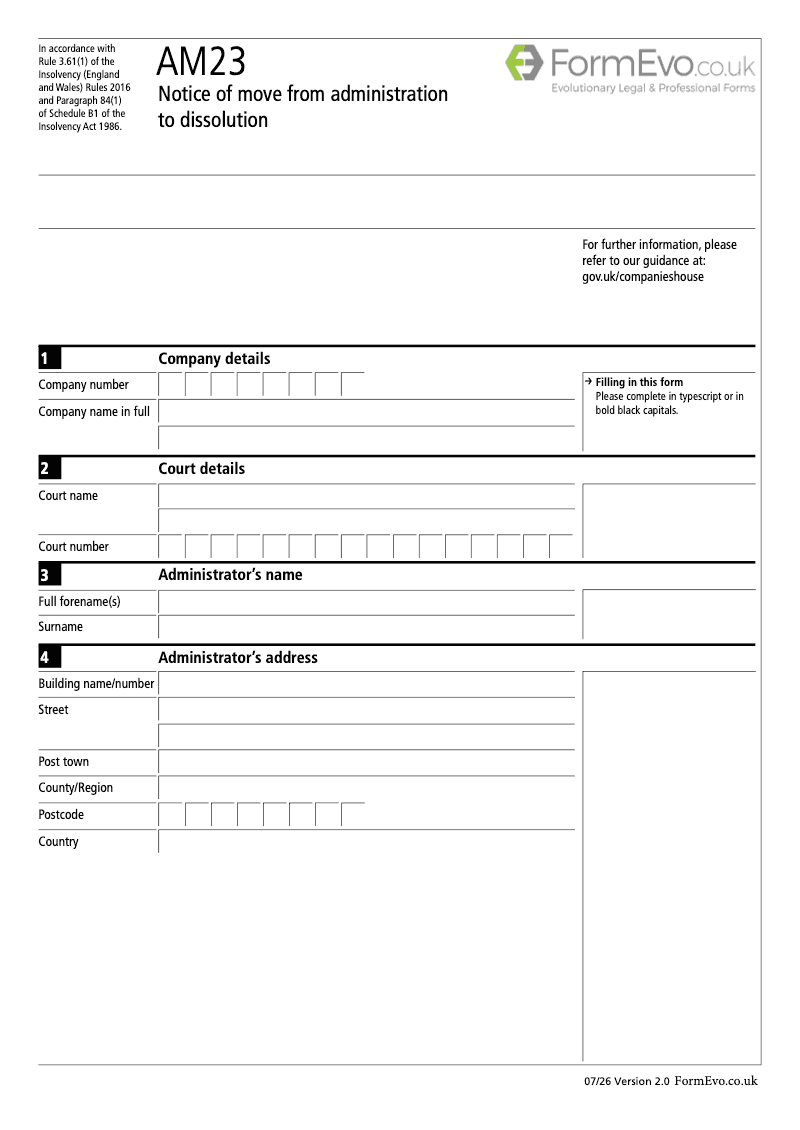 AM23 Notice of move from administration to dissolution Rule 3 61 1 preview