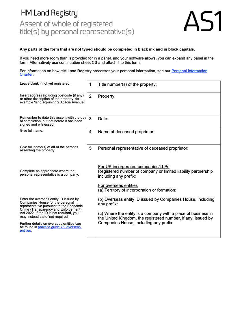 AS1 Assent of whole of registered title s by personal representative s preview