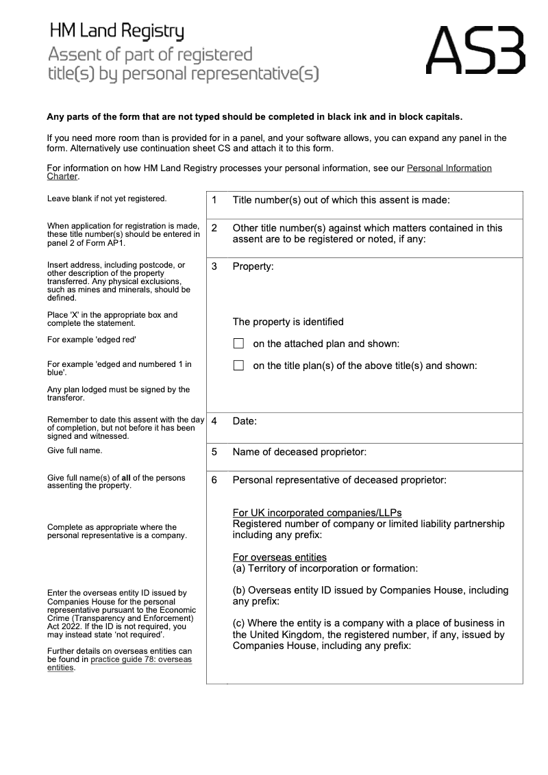 AS3X Assent of part of registered title s by personal representative s Word Version preview