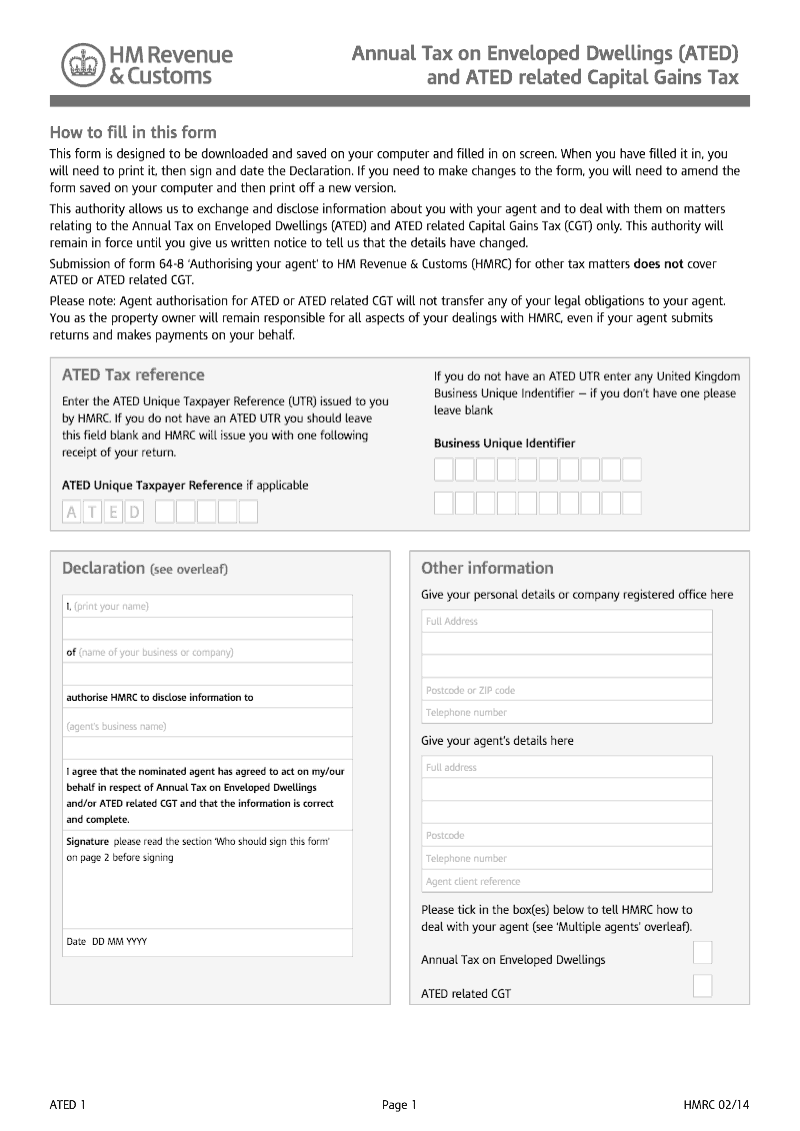 ATED1 Authorising your agent Annual Tax on Enveloped Dwellings ATED and ATED related Capital Gains Tax preview