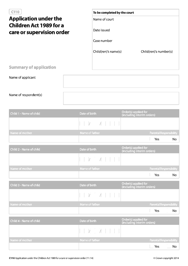 C110 Application under the Children Act 1989 for a care or supervision order preview