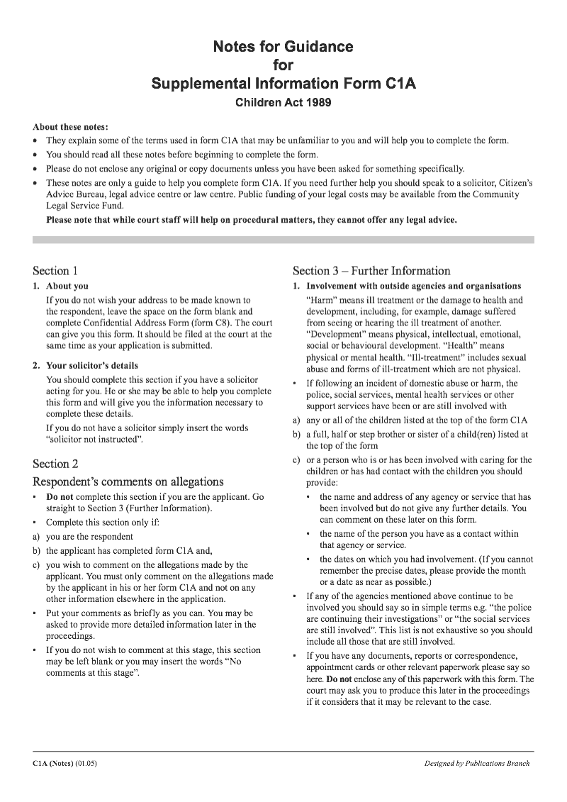 C1A (Notes) Notes for guidance for Supplemental Information Form C1A