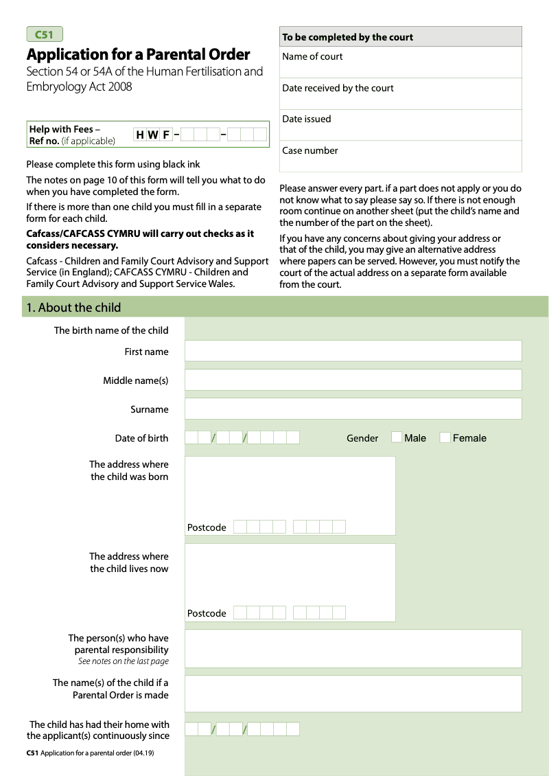 C51 Application for a Parental Order Section 54 Human Fertilisation and Embryology Act 2008 preview