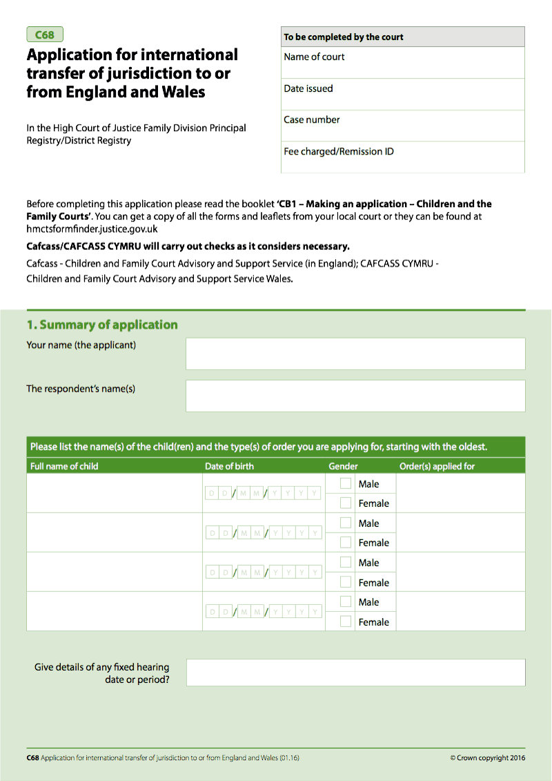 C68 Application for international transfer of jurisdiction to or from England and Wales preview