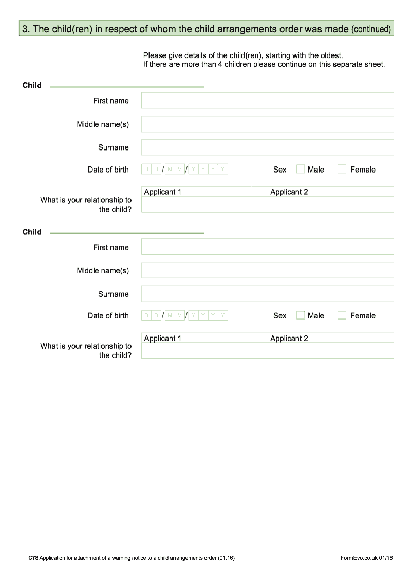 C78 Continuation Page 1 Continuation page additional children Form C78 Application for attachment of a warning notice to a child arrangements order preview