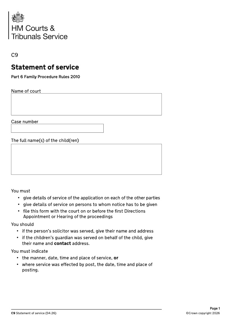 C9 Statement of Service Family Proceedings Rules 1991 Rule 4 8 Family Proceedings Courts Children Act 1989 Rules 1991 Rule 8 preview