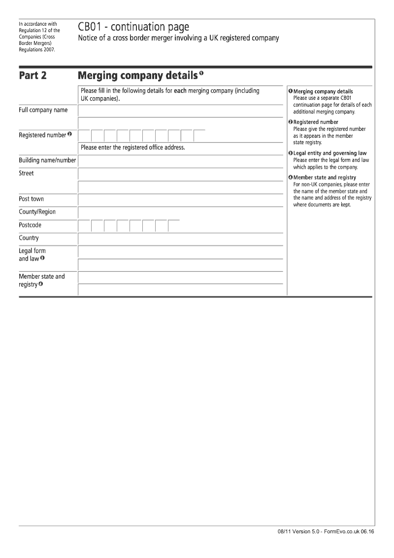 CB01 Continuation Page 1 Merging company details continuation page CB01 Notice of a cross border merger involving a UK registered company preview