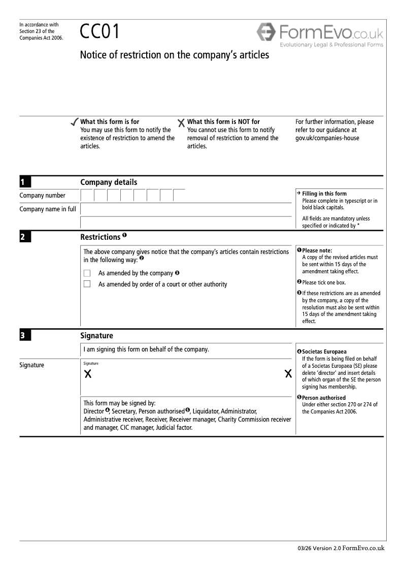 CC01 Notice of restriction on the company s articles Section 23 preview