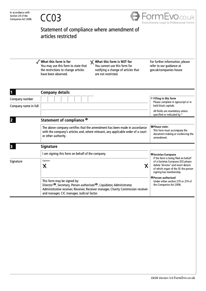 CC03 Statement of compliance where amendment of articles restricted Section 24 preview