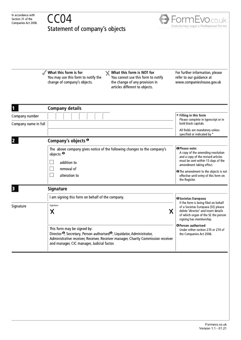 CC04 Statement of company s objects Section 31 preview