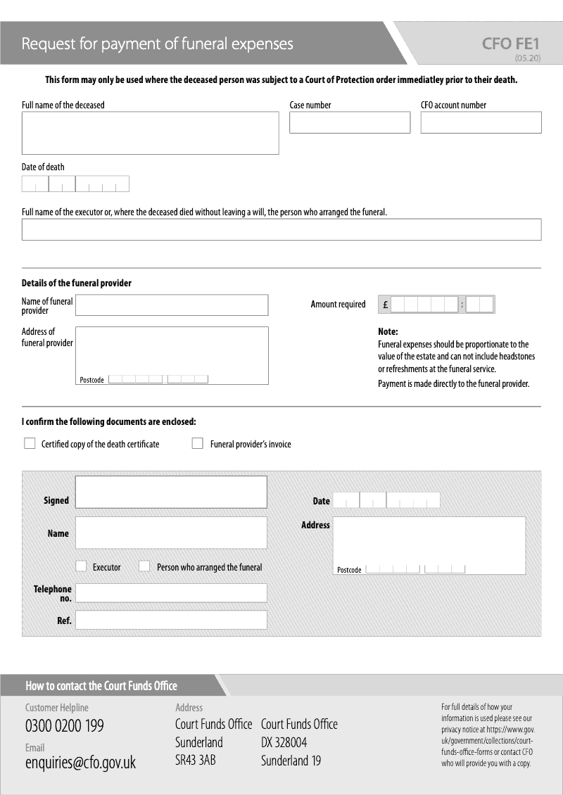 CFO FE1 Request for payment of funeral expenses preview