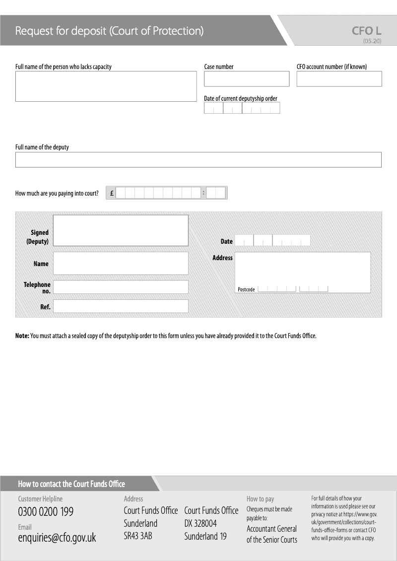 CFO L Request for deposit Court of Protection preview