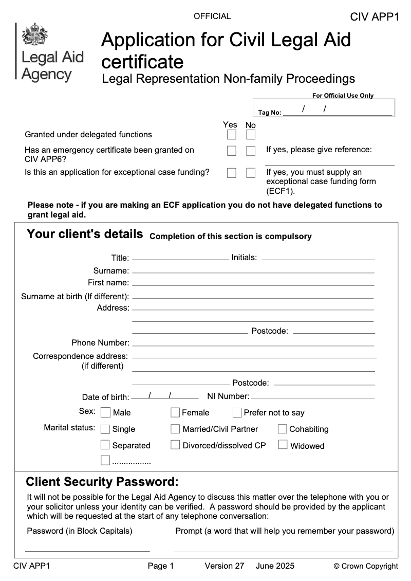 CIV APP1 Application for Civil Legal Aid certificate Legal Representation Non family Proceedings preview