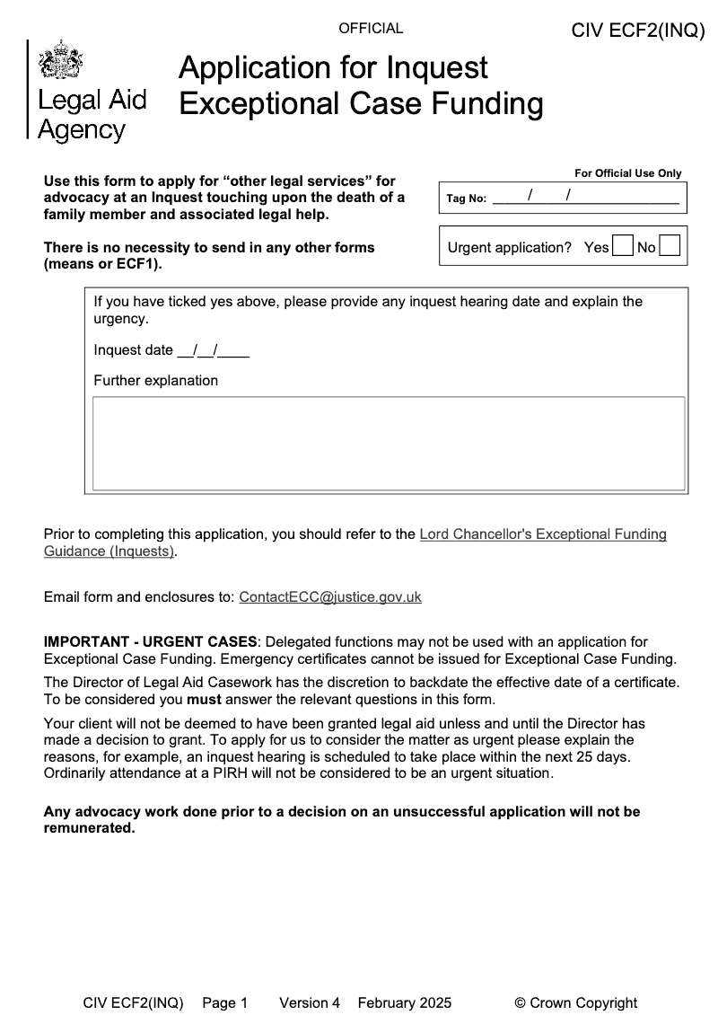 CIV ECF2 INQ Application for Inquest Exceptional Case Funding preview
