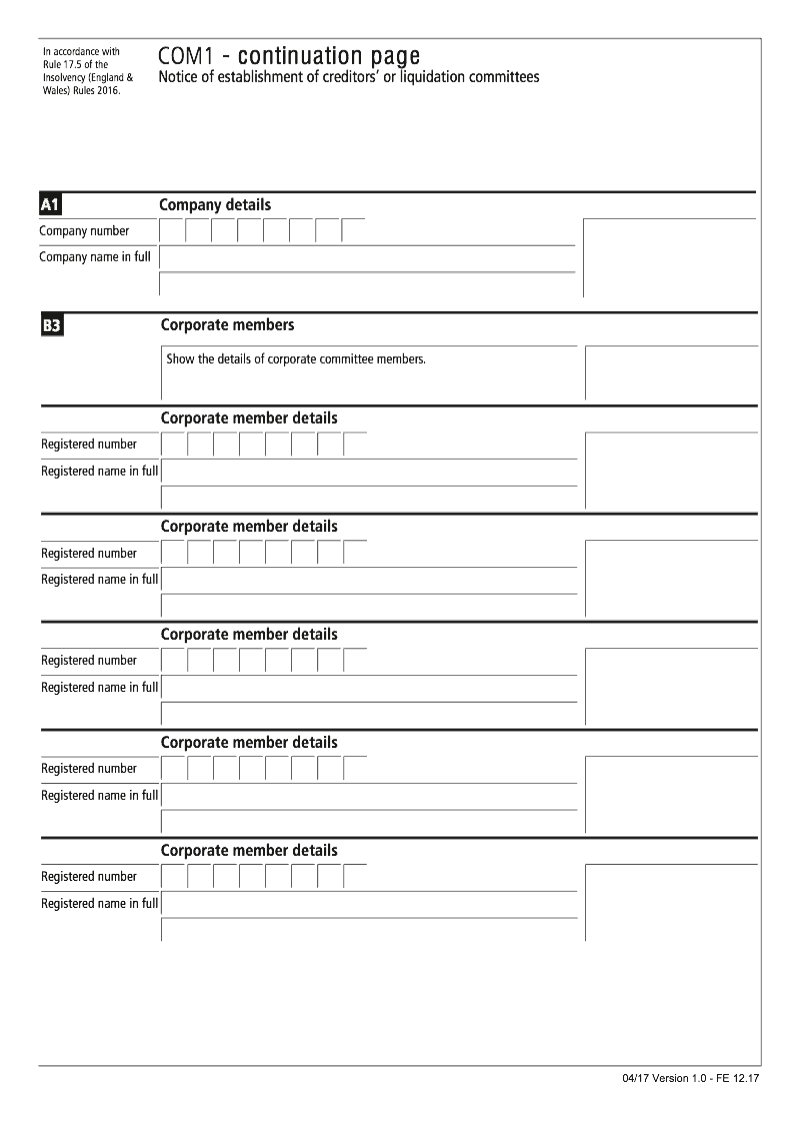 COM1 Continuation Page 2 Corporate member continuation page COM1 Notice of establishment of creditors or liquidation committee preview