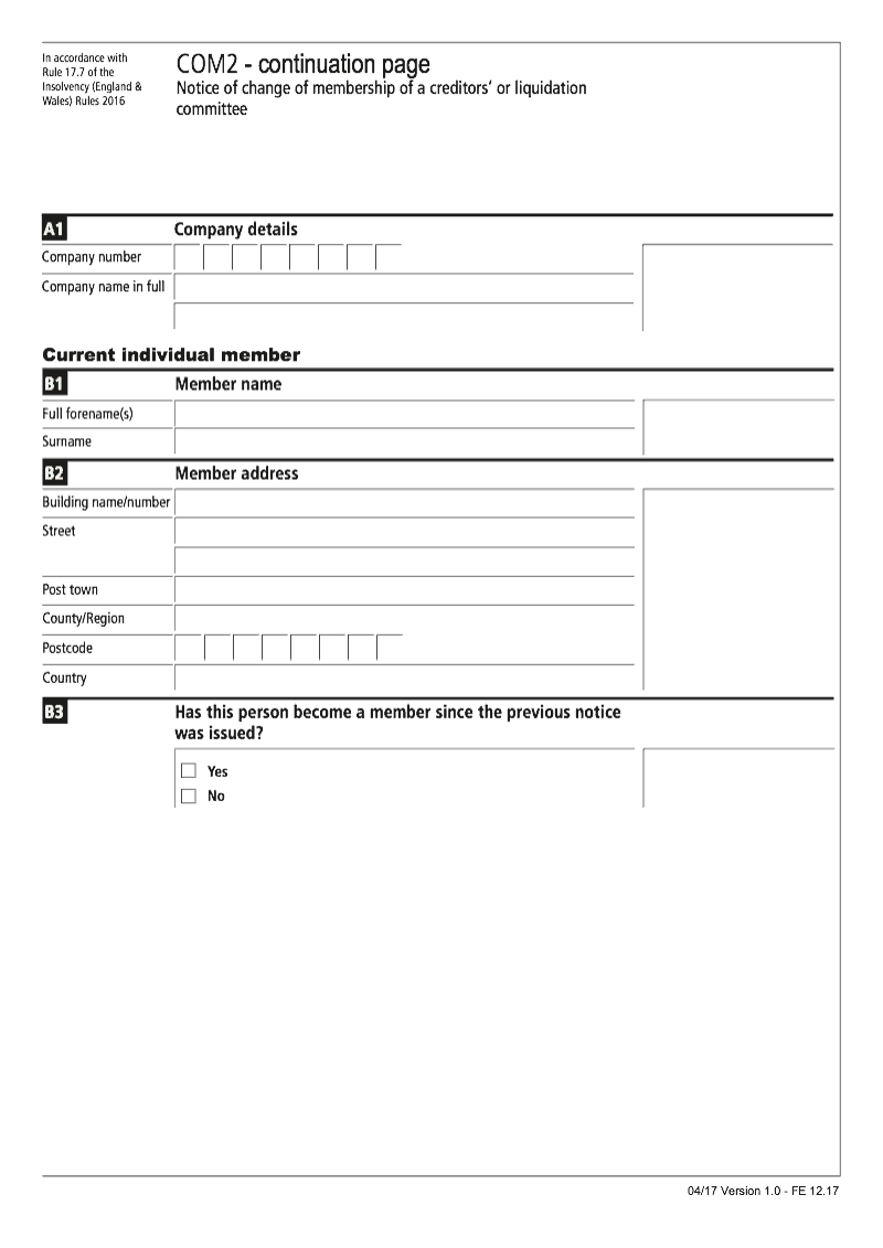 COM2 Continuation Page 1 Current individual member continuation page COM2 Notice of change of membership of a creditors or liquidation committee preview