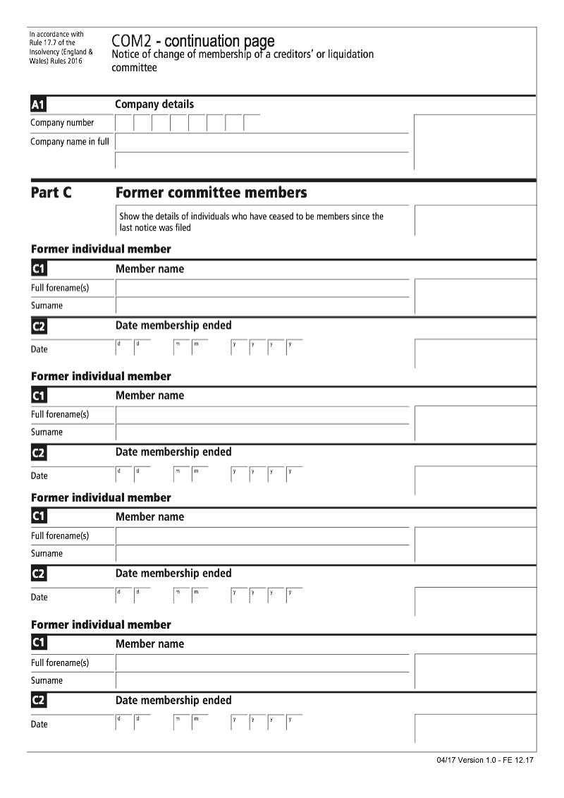 COM2 Continuation Page 3 Former individual member continuation page COM2 Notice of change of membership of a creditors or liquidation committee preview