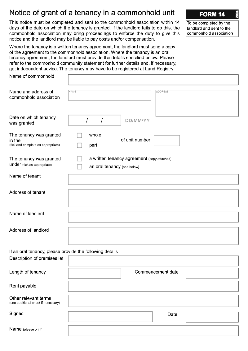 Commonhold 14 Notice of grant of a tenancy in a commonhold unit Form 14 preview