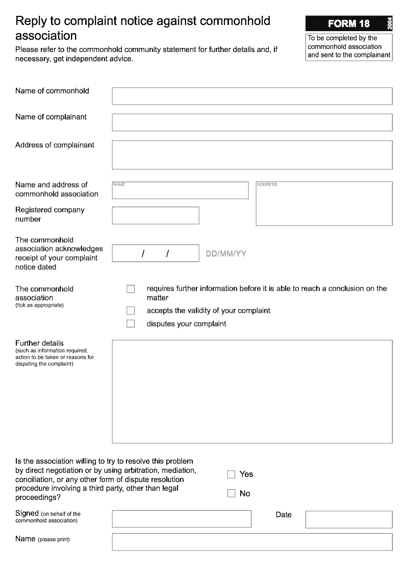 Commonhold 18 Reply to complaint notice against commonhold association Form 18 preview