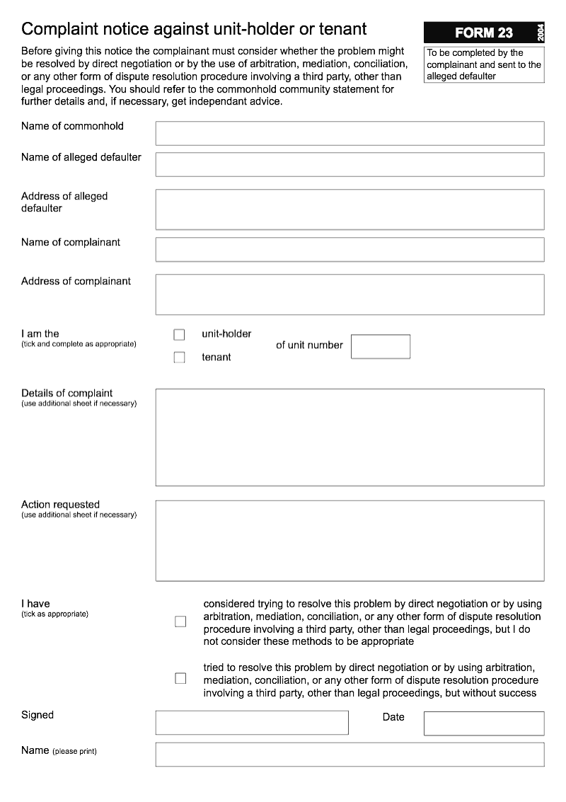 Commonhold 23 Complaint notice against unit holder or tenant Form 23 preview