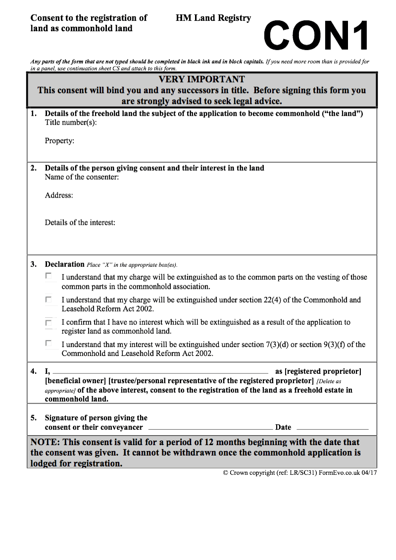 CON1 Consent to the registration of land as commonhold land preview