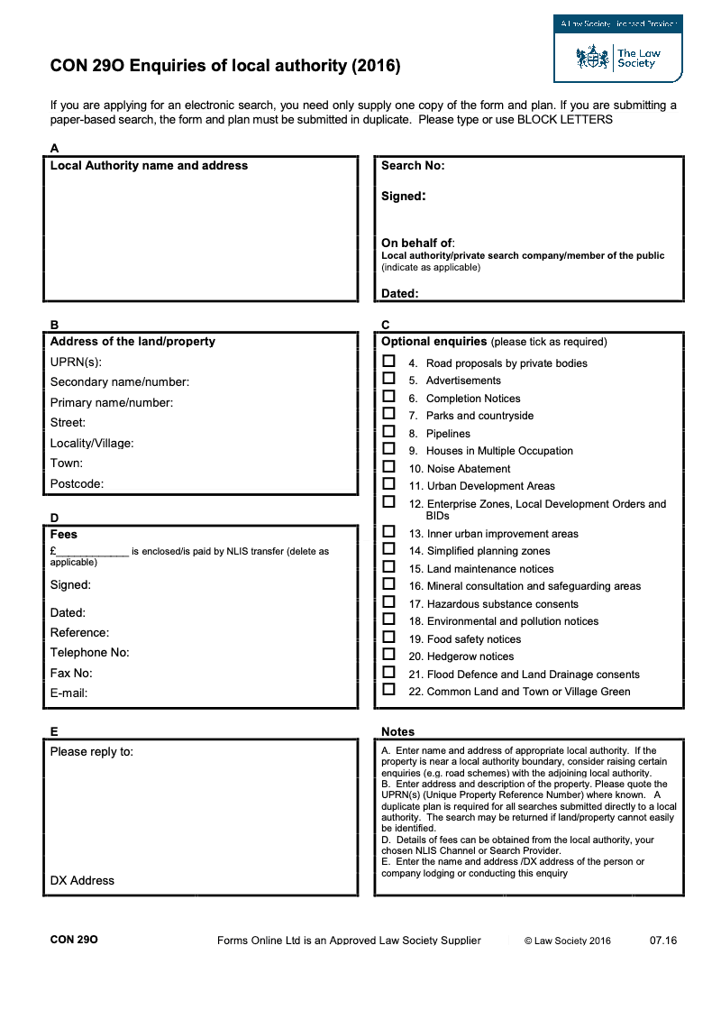 CON29O Optional enquiries of local authority 2016 preview