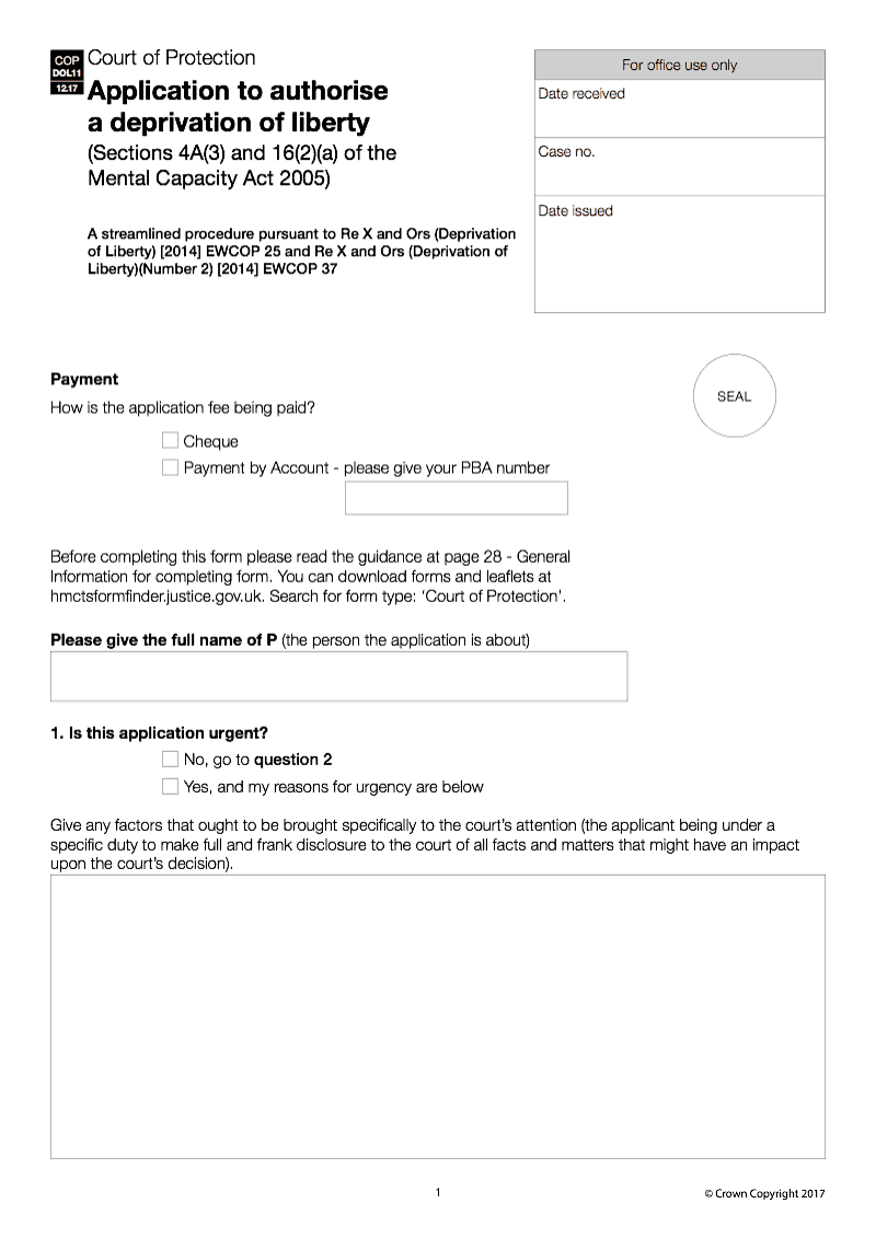 COP DOL11 Application to authorise a deprivation of liberty section 4A 3 and 16 2 a of the Mental Capacity Act 2005 preview