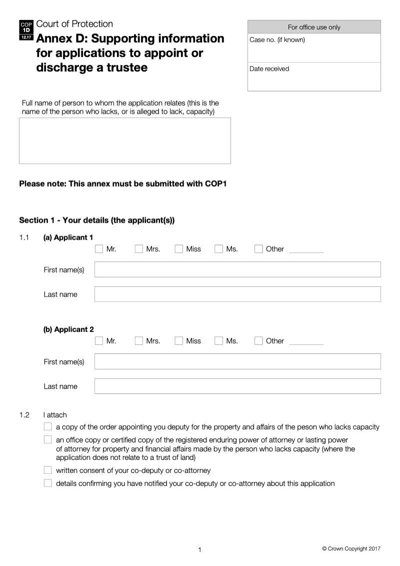 COP1D Annex D Supporting information for applications to appoint or discharge a trustee preview