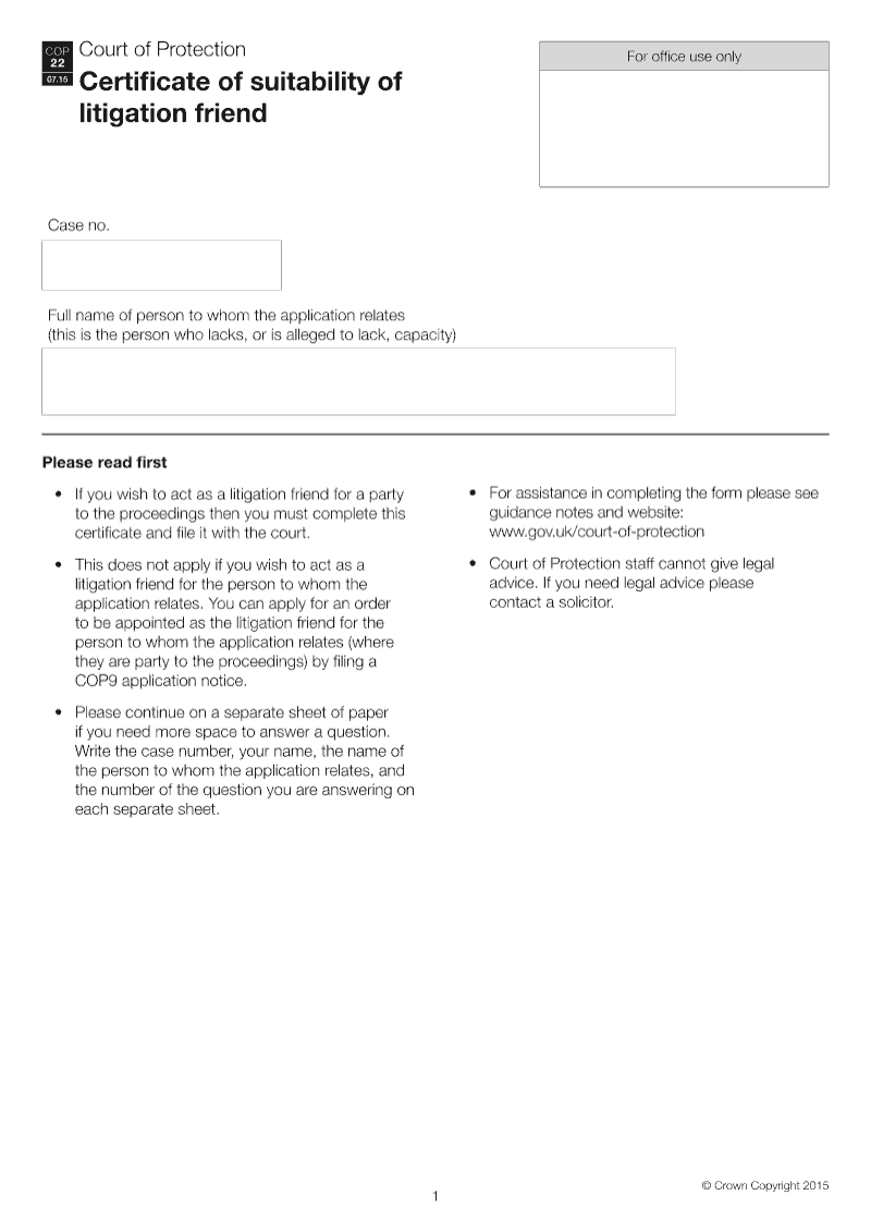 COP22 Certificate of suitability of litigation friend preview