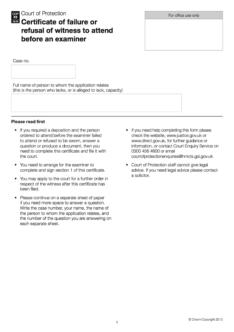 COP23 Certificate of failure or refusal of witness to attend before an examiner preview