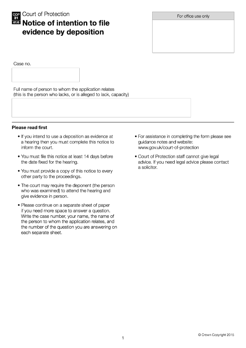 COP31 Notice of intention to file evidence by deposition preview