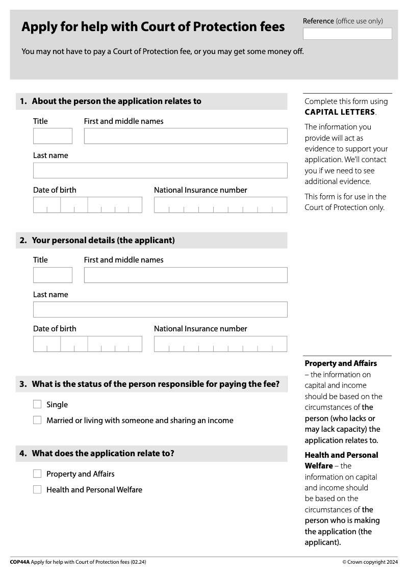 COP44A Apply for help with Court of Protection fees preview