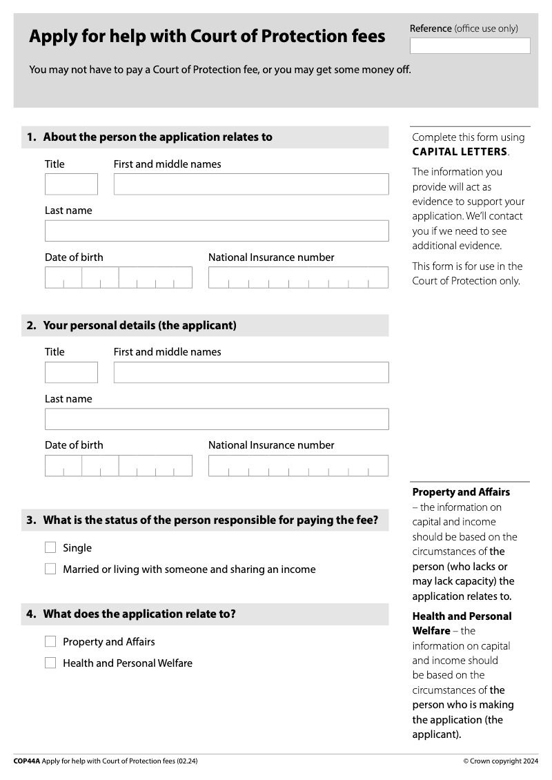 COP44A Apply for help with Court of Protection fees preview
